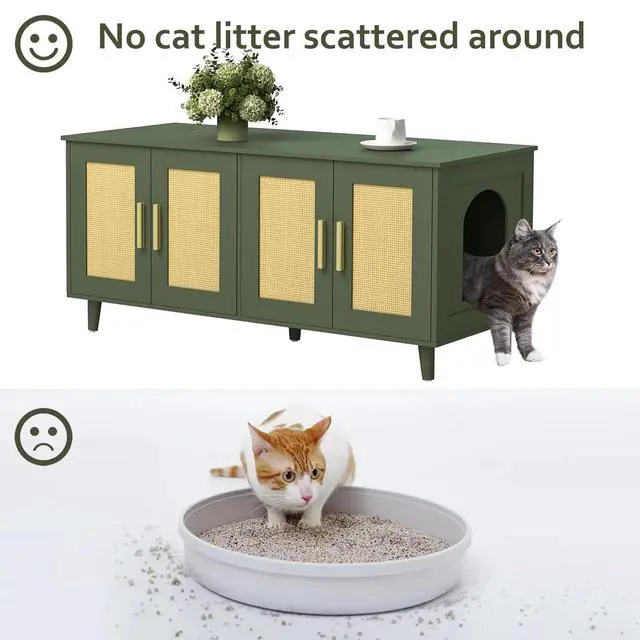 Alt view image 5 of 7 - Homhedy Boho Cat Litter Box Enclosure for 2 Cats, Green and Natural | Hidden Litter Box Furniture with Double Rattan Decorated Doors, Cat Washroom, Cat House, Dog-Proof, TV Stand