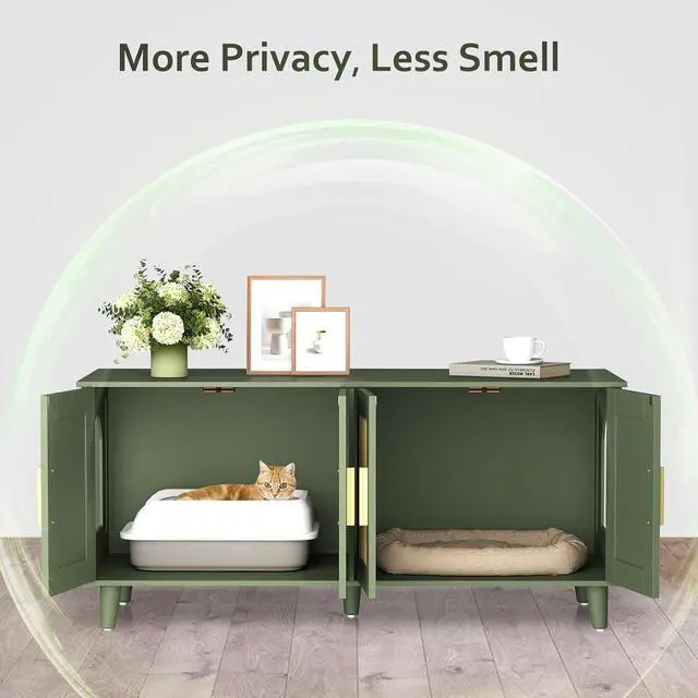 Alt view image 4 of 7 - Homhedy Boho Cat Litter Box Enclosure for 2 Cats, Green and Natural | Hidden Litter Box Furniture with Double Rattan Decorated Doors, Cat Washroom, Cat House, Dog-Proof, TV Stand