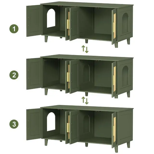 Alt view image 6 of 7 - Homhedy Boho Cat Litter Box Enclosure for 2 Cats, Green and Natural | Hidden Litter Box Furniture with Double Rattan Decorated Doors, Cat Washroom, Cat House, Dog-Proof, TV Stand