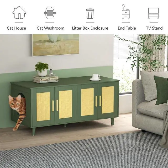 Alt view image 7 of 7 - Homhedy Boho Cat Litter Box Enclosure for 2 Cats, Green and Natural | Hidden Litter Box Furniture with Double Rattan Decorated Doors, Cat Washroom, Cat House, Dog-Proof, TV Stand