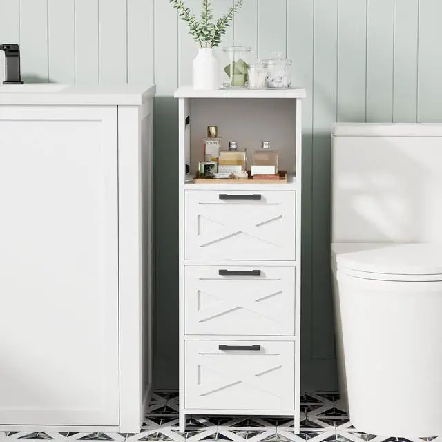 Alt view image 5 of 7 - Homhedy Bathroom Storage Cabinet, Narrow Floor Cabinet with Drawers | Bathroom Organizers and Storage, Slim Storage Cabinet for Living Room, Bathroom, Entryway, 11.8''D x 11.8''W x 31.5''H, White