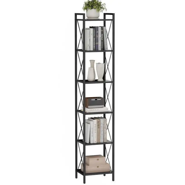 Main image of Homhedy 6 Tier Small Bookshelf, Tall Narrow Bookcase, Metal Book Shelf | Industrial Style for Small Spaces, Home, Office, Living Room, Kitchen, Bedroom , 10.4" D x 13" W x 67.4" H, Black