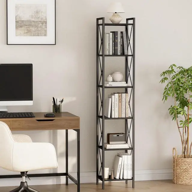 Alt view image 2 of 7 - Homhedy 6 Tier Small Bookshelf, Tall Narrow Bookcase, Metal Book Shelf | Industrial Style for Small Spaces, Home, Office, Living Room, Kitchen, Bedroom , 10.4" D x 13" W x 67.4" H, Black