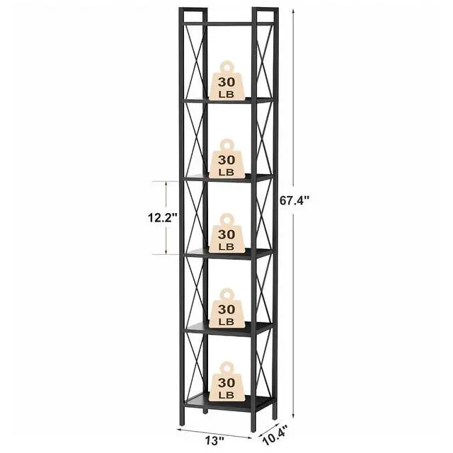 Alt view image 3 of 7 - Homhedy 6 Tier Small Bookshelf, Tall Narrow Bookcase, Metal Book Shelf | Industrial Style for Small Spaces, Home, Office, Living Room, Kitchen, Bedroom , 10.4" D x 13" W x 67.4" H, Black