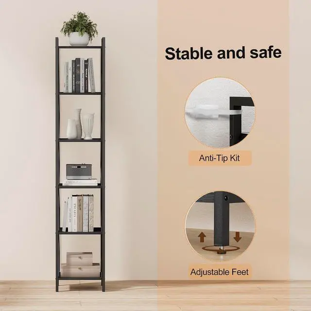 Alt view image 5 of 7 - Homhedy 6 Tier Small Bookshelf, Tall Narrow Bookcase, Metal Book Shelf | Industrial Style for Small Spaces, Home, Office, Living Room, Kitchen, Bedroom , 10.4" D x 13" W x 67.4" H, Black