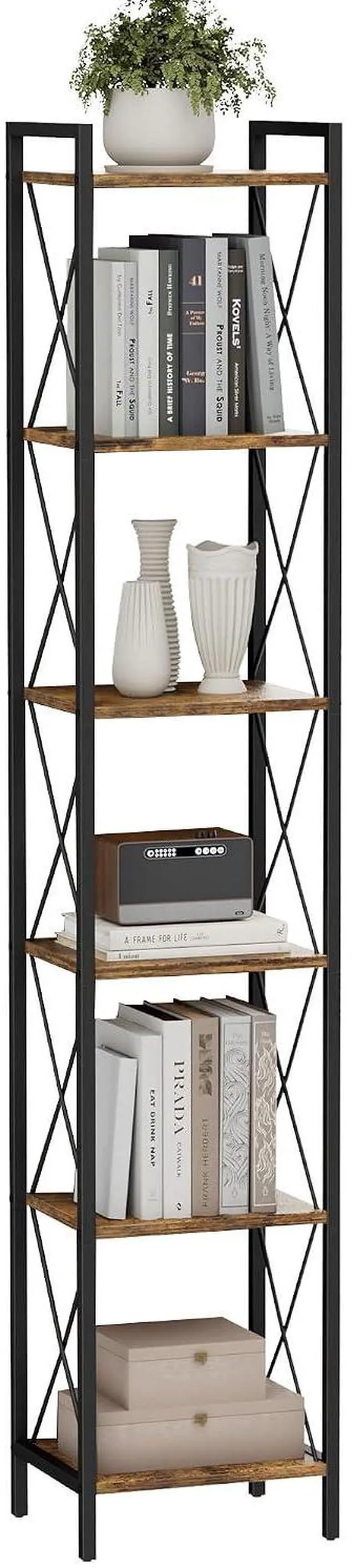 Main image of Homhedy 6 Tier Small Bookshelf, Tall Narrow Bookcase, Metal Book Shelf | Industrial Style for Small Spaces, Home, Office, Living Room, Kitchen, Bedroom , 10.4" D x 13" W x 67.4" H, Rustic Brown