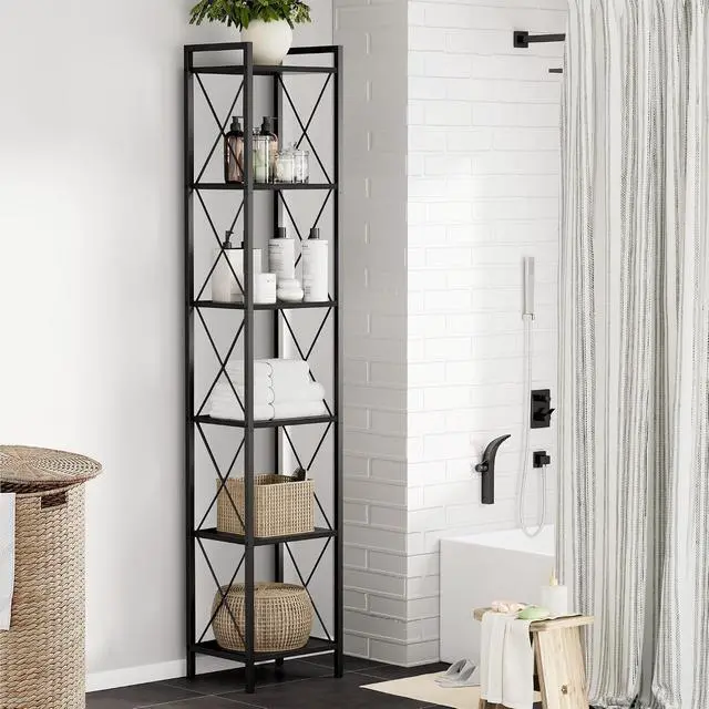 Alt view image 7 of 7 - Homhedy 6 Tier Small Bookshelf, Tall Narrow Bookcase, Metal Book Shelf | Industrial Style for Small Spaces, Home, Office, Living Room, Kitchen, Bedroom , 10.4" D x 13" W x 67.4" H, Black