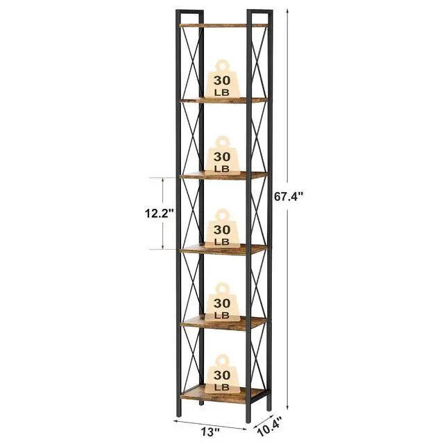 Alt view image 3 of 7 - Homhedy 6 Tier Small Bookshelf, Tall Narrow Bookcase, Metal Book Shelf | Industrial Style for Small Spaces, Home, Office, Living Room, Kitchen, Bedroom , 10.4" D x 13" W x 67.4" H, Rustic Brown