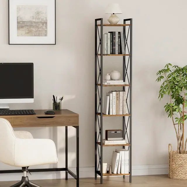 Alt view image 2 of 7 - Homhedy 6 Tier Small Bookshelf, Tall Narrow Bookcase, Metal Book Shelf | Industrial Style for Small Spaces, Home, Office, Living Room, Kitchen, Bedroom , 10.4" D x 13" W x 67.4" H, Rustic Brown