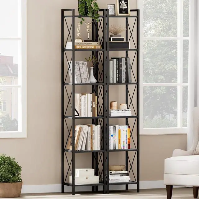 Alt view image 6 of 7 - Homhedy 6 Tier Small Bookshelf, Tall Narrow Bookcase, Metal Book Shelf | Industrial Style for Small Spaces, Home, Office, Living Room, Kitchen, Bedroom , 10.4" D x 13" W x 67.4" H, Black