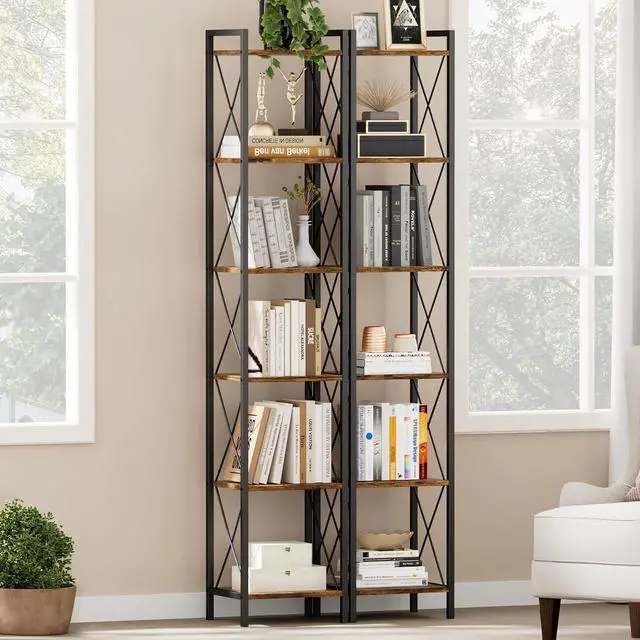 Alt view image 6 of 7 - Homhedy 6 Tier Small Bookshelf, Tall Narrow Bookcase, Metal Book Shelf | Industrial Style for Small Spaces, Home, Office, Living Room, Kitchen, Bedroom , 10.4" D x 13" W x 67.4" H, Rustic Brown