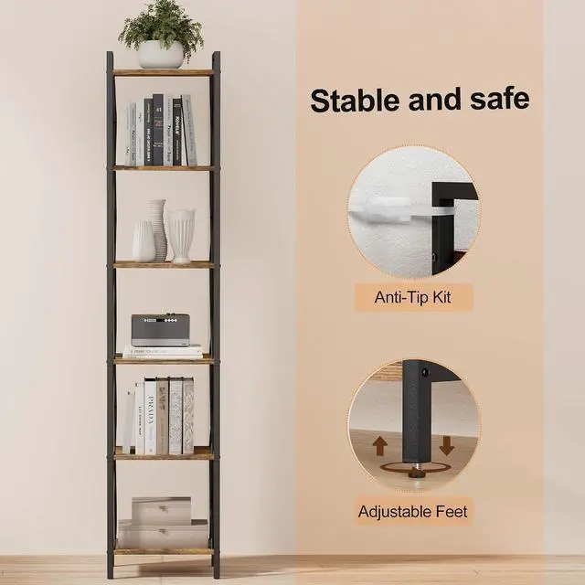 Alt view image 5 of 7 - Homhedy 6 Tier Small Bookshelf, Tall Narrow Bookcase, Metal Book Shelf | Industrial Style for Small Spaces, Home, Office, Living Room, Kitchen, Bedroom , 10.4" D x 13" W x 67.4" H, Rustic Brown