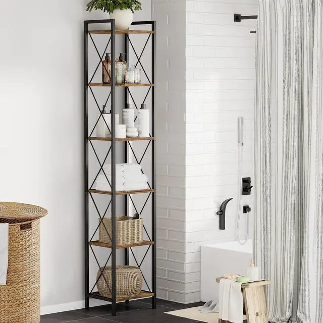 Alt view image 7 of 7 - Homhedy 6 Tier Small Bookshelf, Tall Narrow Bookcase, Metal Book Shelf | Industrial Style for Small Spaces, Home, Office, Living Room, Kitchen, Bedroom , 10.4" D x 13" W x 67.4" H, Rustic Brown
