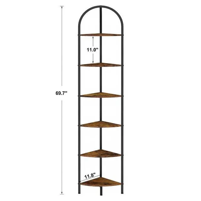 Alt view image 3 of 7 - Homhedy 6-Tier Arched Corner Shelf Stand, Wall Corner Bookshelf | Plant Stand with Metal Frame, Industrial Storage Rack Shelf for Living Room, Bedroom, Office, Bathroom, Rustic Brown