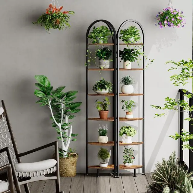 Alt view image 2 of 7 - Homhedy 6-Tier Arched Corner Shelf Stand, Wall Corner Bookshelf | Plant Stand with Metal Frame, Industrial Storage Rack Shelf for Living Room, Bedroom, Office, Bathroom, Rustic Brown