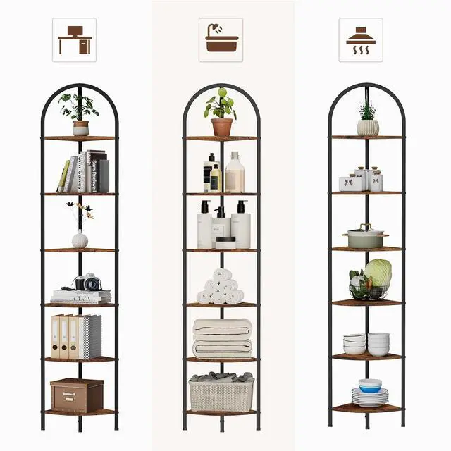 Alt view image 4 of 7 - Homhedy 6-Tier Arched Corner Shelf Stand, Wall Corner Bookshelf | Plant Stand with Metal Frame, Industrial Storage Rack Shelf for Living Room, Bedroom, Office, Bathroom, Rustic Brown