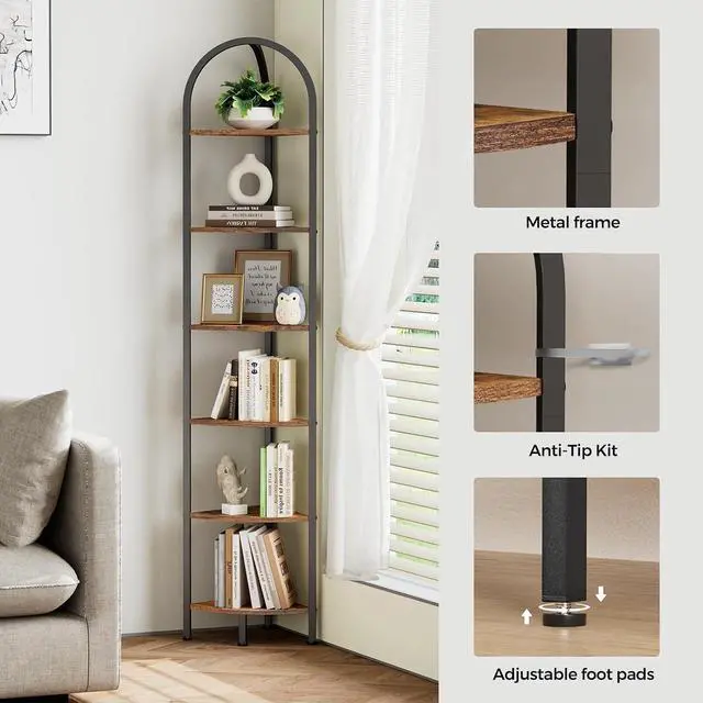 Alt view image 5 of 7 - Homhedy 6-Tier Arched Corner Shelf Stand, Wall Corner Bookshelf | Plant Stand with Metal Frame, Industrial Storage Rack Shelf for Living Room, Bedroom, Office, Bathroom, Rustic Brown