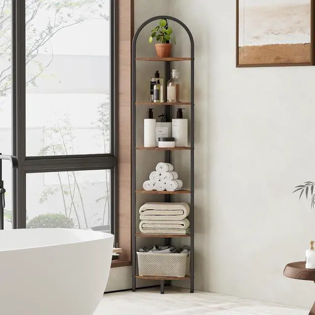 Alt view image 7 of 7 - Homhedy 6-Tier Arched Corner Shelf Stand, Wall Corner Bookshelf | Plant Stand with Metal Frame, Industrial Storage Rack Shelf for Living Room, Bedroom, Office, Bathroom, Rustic Brown