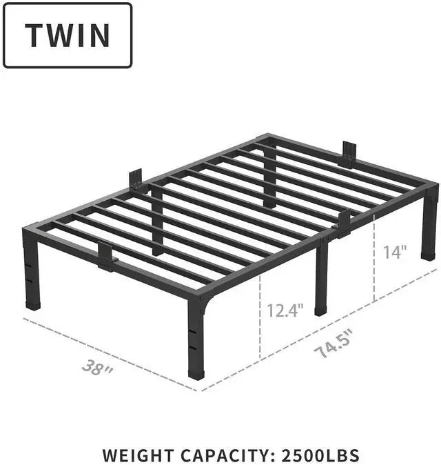 Alt view image 3 of 7 - MAF 14 Inch Metal Platform Twin Bed Frames with Steel Slats Support Black | 4 Mattress Baffles, Heavy Duty, No Box Spring Needed, Noise Free, Non-Slip, Easy Assembly, Storage Space, Headboard Holes