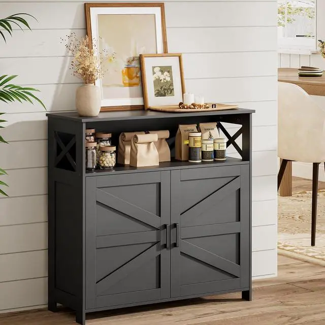 Alt view image 6 of 7 - Homhedy Small Coffee Bar Cabinet, Buffet Cabinet with Adjustable Shelf | Coffee Cabinet with Storage Farmhouse Sideboard Storage Cabinet for Small Spaces, 11.8" D x 31.5" W x 31.5" H, Black