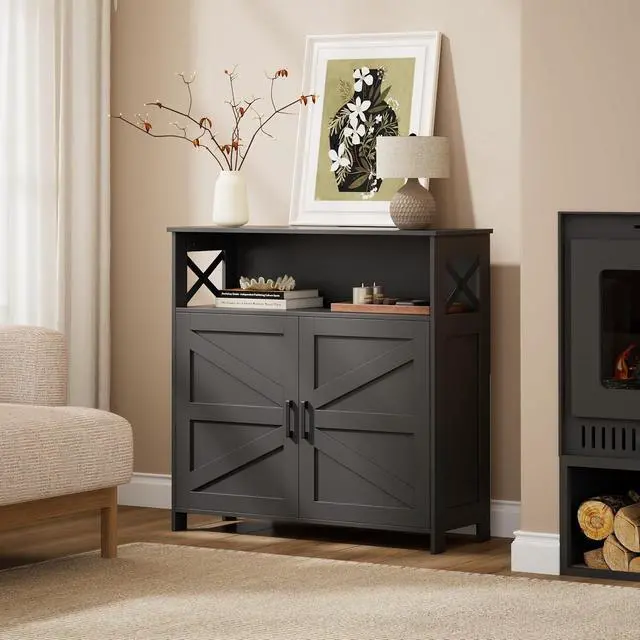 Alt view image 7 of 7 - Homhedy Small Coffee Bar Cabinet, Buffet Cabinet with Adjustable Shelf | Coffee Cabinet with Storage Farmhouse Sideboard Storage Cabinet for Small Spaces, 11.8" D x 31.5" W x 31.5" H, Black