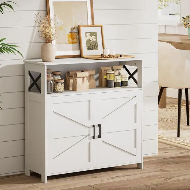 Alt view image 6 of 7 - Homhedy Small Coffee Bar Cabinet, Buffet Cabinet with Adjustable Shelf | Coffee Cabinet with Storage Farmhouse Sideboard Storage Cabinet for Small Spaces, 11.8" D x 31.5" W x 31.5" H, White