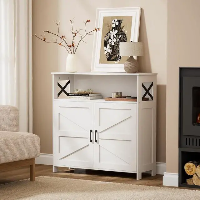 Alt view image 7 of 7 - Homhedy Small Coffee Bar Cabinet, Buffet Cabinet with Adjustable Shelf | Coffee Cabinet with Storage Farmhouse Sideboard Storage Cabinet for Small Spaces, 11.8" D x 31.5" W x 31.5" H, White