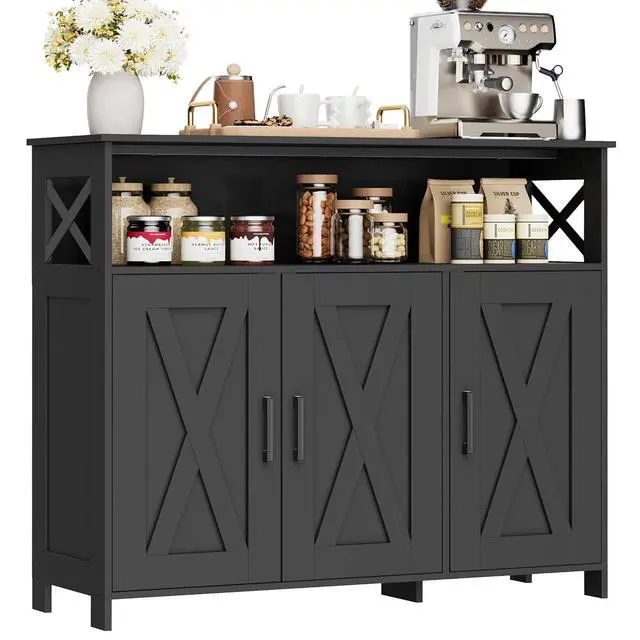 Alt view image 3 of 7 - Homhedy Farmhouse Coffee Bar Cabinet, Kitchen Storage Cabinet, Black | Buffet Cabinet with Storage, Sideboard Cabinet with Adjustable Shelves for Dining Room, Kitchen, Living Room, Entryway