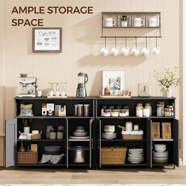 Alt view image 4 of 7 - Homhedy Farmhouse Coffee Bar Cabinet, Kitchen Storage Cabinet, Black | Buffet Cabinet with Storage, Sideboard Cabinet with Adjustable Shelves for Dining Room, Kitchen, Living Room, Entryway