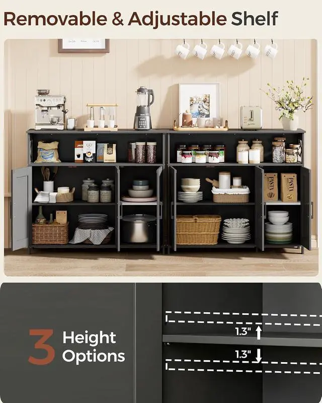 Alt view image 5 of 7 - Homhedy Farmhouse Coffee Bar Cabinet, Kitchen Storage Cabinet, Black | Buffet Cabinet with Storage, Sideboard Cabinet with Adjustable Shelves for Dining Room, Kitchen, Living Room, Entryway