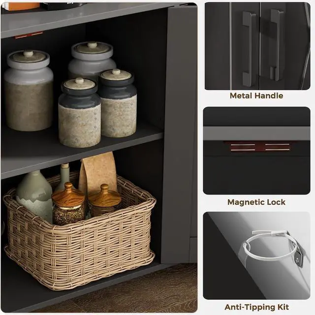 Alt view image 6 of 7 - Homhedy Farmhouse Coffee Bar Cabinet, Kitchen Storage Cabinet, Black | Buffet Cabinet with Storage, Sideboard Cabinet with Adjustable Shelves for Dining Room, Kitchen, Living Room, Entryway