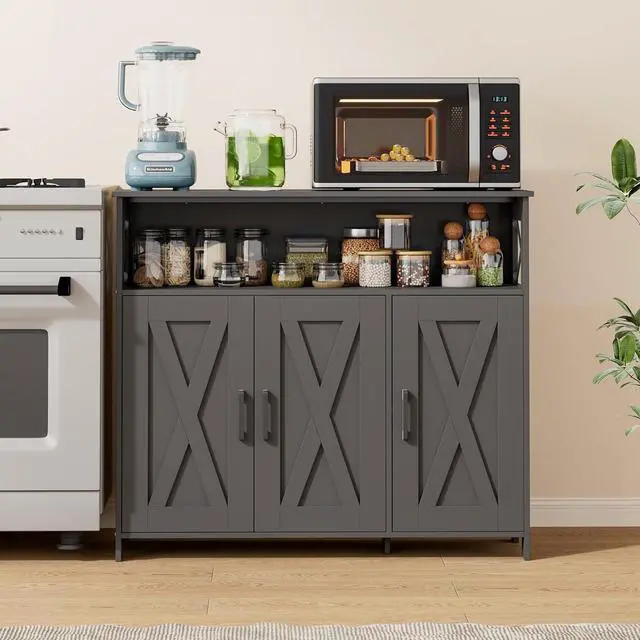 Alt view image 7 of 7 - Homhedy Farmhouse Coffee Bar Cabinet, Kitchen Storage Cabinet, Black | Buffet Cabinet with Storage, Sideboard Cabinet with Adjustable Shelves for Dining Room, Kitchen, Living Room, Entryway