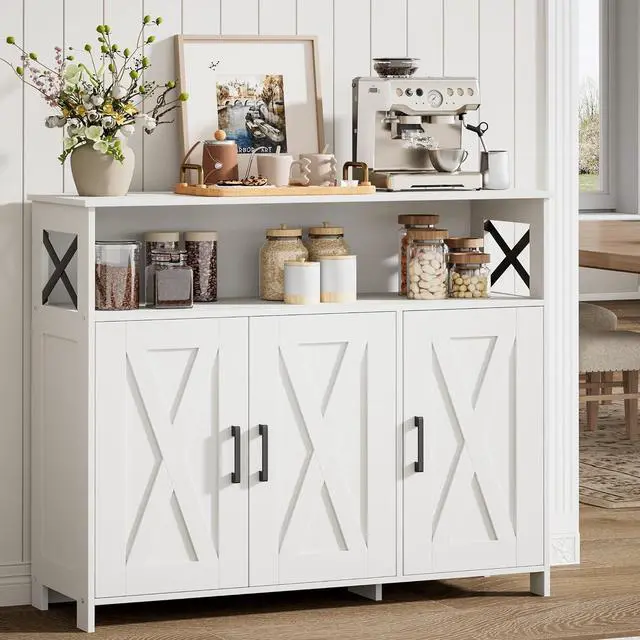 Main image of Homhedy Farmhouse Coffee Bar Cabinet, Kitchen Storage Cabinet, White | Buffet Cabinet with Storage, Sideboard Cabinet with Adjustable Shelves for Dining Room, Kitchen, Living Room, Entryway