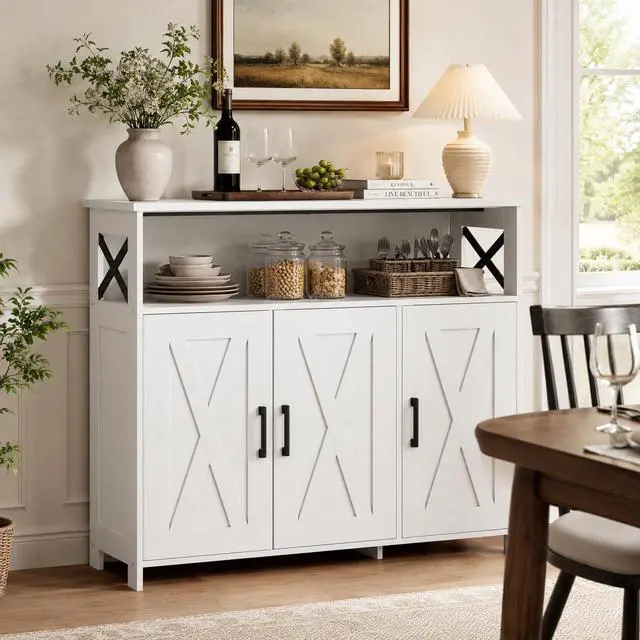 Alt view image 3 of 7 - Homhedy Farmhouse Coffee Bar Cabinet, Kitchen Storage Cabinet, White | Buffet Cabinet with Storage, Sideboard Cabinet with Adjustable Shelves for Dining Room, Kitchen, Living Room, Entryway