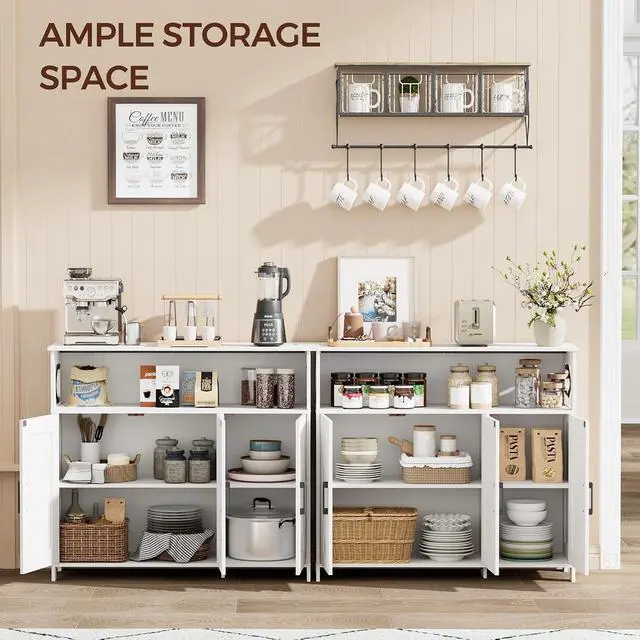 Alt view image 4 of 7 - Homhedy Farmhouse Coffee Bar Cabinet, Kitchen Storage Cabinet, White | Buffet Cabinet with Storage, Sideboard Cabinet with Adjustable Shelves for Dining Room, Kitchen, Living Room, Entryway