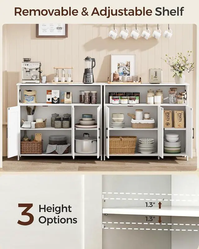Alt view image 5 of 7 - Homhedy Farmhouse Coffee Bar Cabinet, Kitchen Storage Cabinet, White | Buffet Cabinet with Storage, Sideboard Cabinet with Adjustable Shelves for Dining Room, Kitchen, Living Room, Entryway