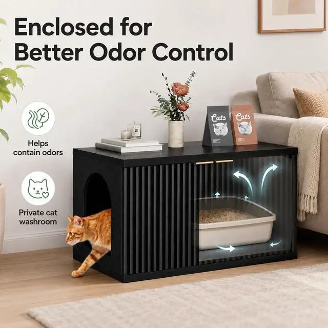Alt view image 2 of 7 - Homhedy Cat Litter Box Enclosure,Modern Fluted Accent,Black | Wooden Cat Washroom Furniture, Indoor Cat House, Pet Storage Cabinet, Dog-Proof, Mid Century Modern Style