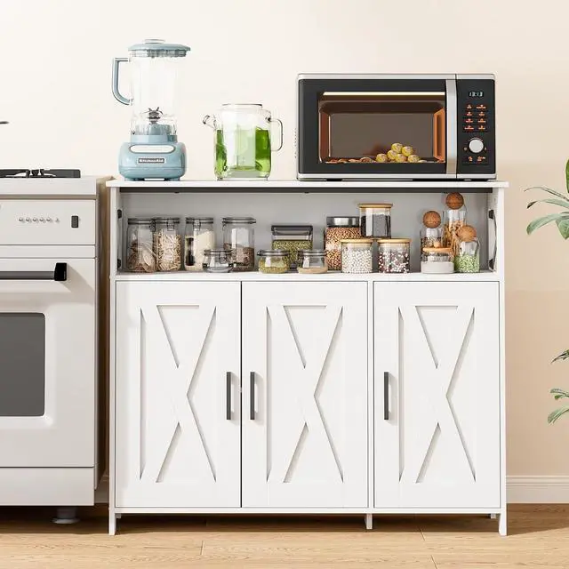 Alt view image 7 of 7 - Homhedy Farmhouse Coffee Bar Cabinet, Kitchen Storage Cabinet, White | Buffet Cabinet with Storage, Sideboard Cabinet with Adjustable Shelves for Dining Room, Kitchen, Living Room, Entryway