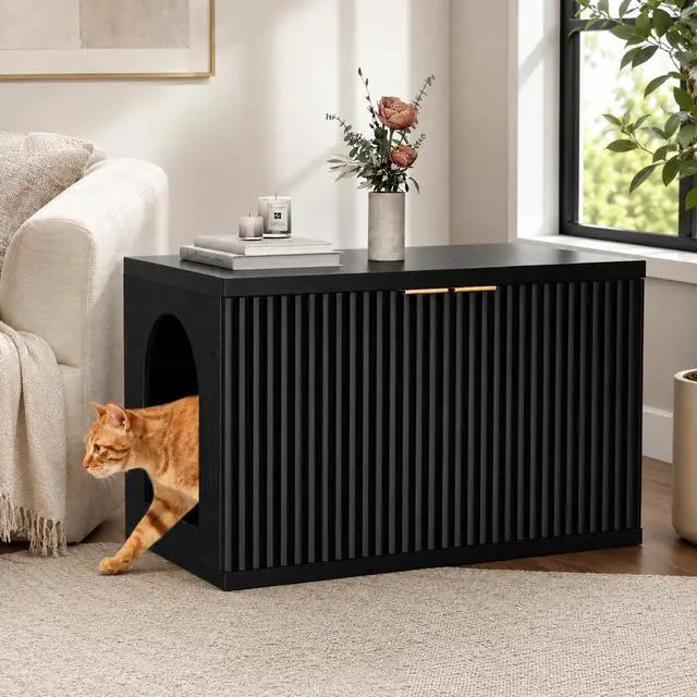 Alt view image 5 of 7 - Homhedy Cat Litter Box Enclosure,Modern Fluted Accent,Black | Wooden Cat Washroom Furniture, Indoor Cat House, Pet Storage Cabinet, Dog-Proof, Mid Century Modern Style
