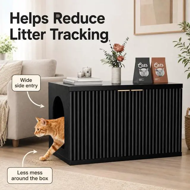 Alt view image 4 of 7 - Homhedy Cat Litter Box Enclosure,Modern Fluted Accent,Black | Wooden Cat Washroom Furniture, Indoor Cat House, Pet Storage Cabinet, Dog-Proof, Mid Century Modern Style