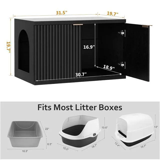 Alt view image 3 of 7 - Homhedy Cat Litter Box Enclosure,Modern Fluted Accent,Black | Wooden Cat Washroom Furniture, Indoor Cat House, Pet Storage Cabinet, Dog-Proof, Mid Century Modern Style