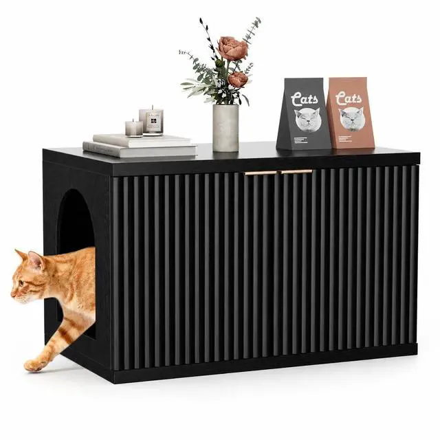 Main image of Homhedy Cat Litter Box Enclosure,Modern Fluted Accent,Black | Wooden Cat Washroom Furniture, Indoor Cat House, Pet Storage Cabinet, Dog-Proof, Mid Century Modern Style