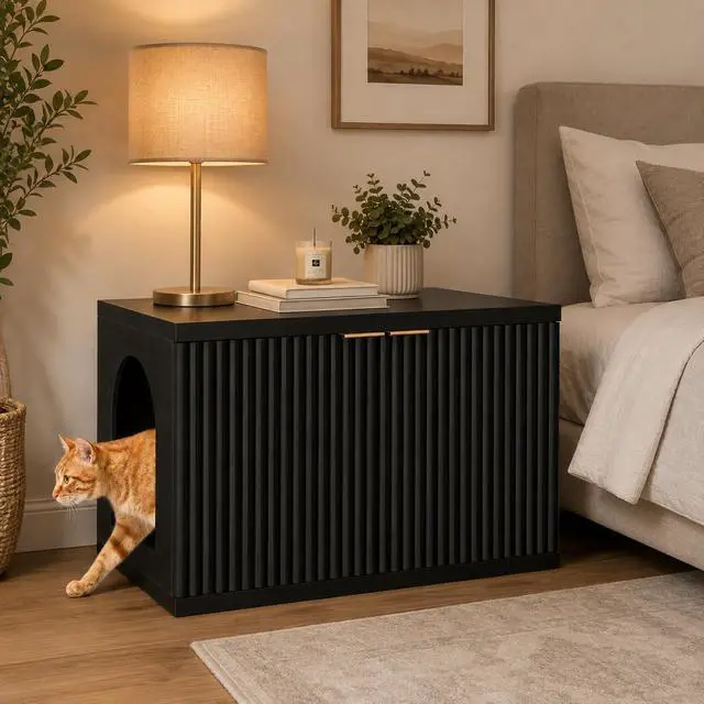 Alt view image 6 of 7 - Homhedy Cat Litter Box Enclosure,Modern Fluted Accent,Black | Wooden Cat Washroom Furniture, Indoor Cat House, Pet Storage Cabinet, Dog-Proof, Mid Century Modern Style