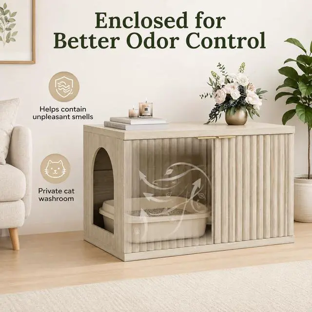 Alt view image 2 of 7 - Homhedy Cat Litter Box Enclosure,Modern Fluted Accent,Cream Gray | Wooden Cat Washroom Furniture, Indoor Cat House, Pet Storage Cabinet, Dog-Proof, Mid Century Modern Style
