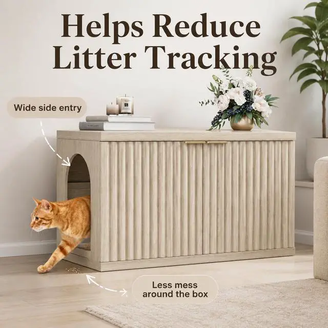 Alt view image 4 of 7 - Homhedy Cat Litter Box Enclosure,Modern Fluted Accent,Cream Gray | Wooden Cat Washroom Furniture, Indoor Cat House, Pet Storage Cabinet, Dog-Proof, Mid Century Modern Style
