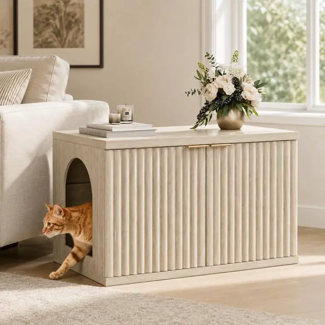 Alt view image 5 of 7 - Homhedy Cat Litter Box Enclosure,Modern Fluted Accent,Cream Gray | Wooden Cat Washroom Furniture, Indoor Cat House, Pet Storage Cabinet, Dog-Proof, Mid Century Modern Style