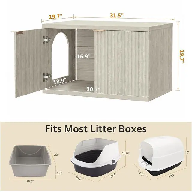 Alt view image 3 of 7 - Homhedy Cat Litter Box Enclosure,Modern Fluted Accent,Cream Gray | Wooden Cat Washroom Furniture, Indoor Cat House, Pet Storage Cabinet, Dog-Proof, Mid Century Modern Style