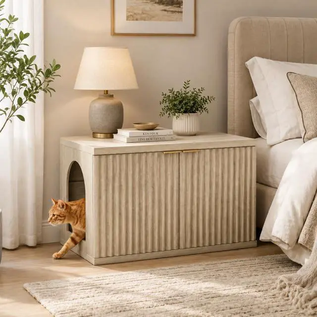 Alt view image 6 of 7 - Homhedy Cat Litter Box Enclosure,Modern Fluted Accent,Cream Gray | Wooden Cat Washroom Furniture, Indoor Cat House, Pet Storage Cabinet, Dog-Proof, Mid Century Modern Style