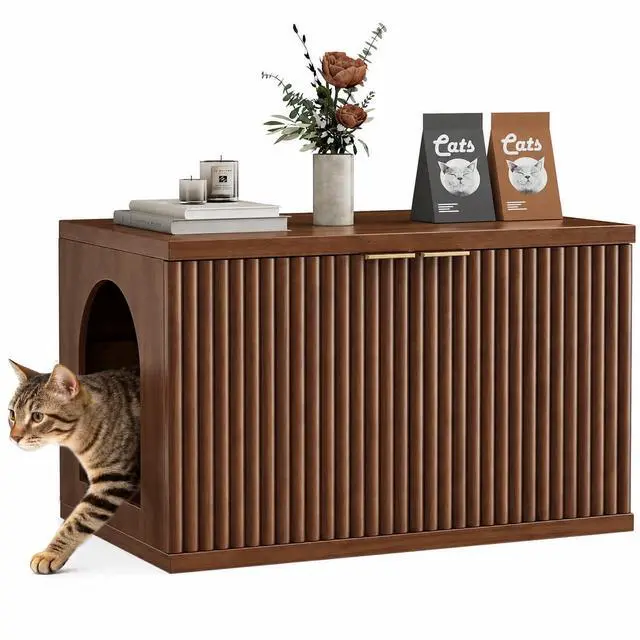 Main image of Homhedy Cat Litter Box Enclosure,Modern Fluted Accent,Reddish Brown | Wooden Cat Washroom Furniture, Indoor Cat House, Pet Storage Cabinet, Dog-Proof, Mid Century Modern Style