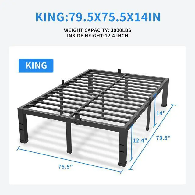 Alt view image 3 of 7 - MAF King Bed Frame 14 Inch Metal Platform Black with Mattress Slip Stopper | Heavy Duty Steel Slat Support, No Box Spring Needed, Easy Assembly, Storage Space, Noise Free, Headboard Holes
